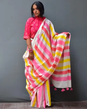 Sweth Handblock Printed Mulmul Cotton Saree