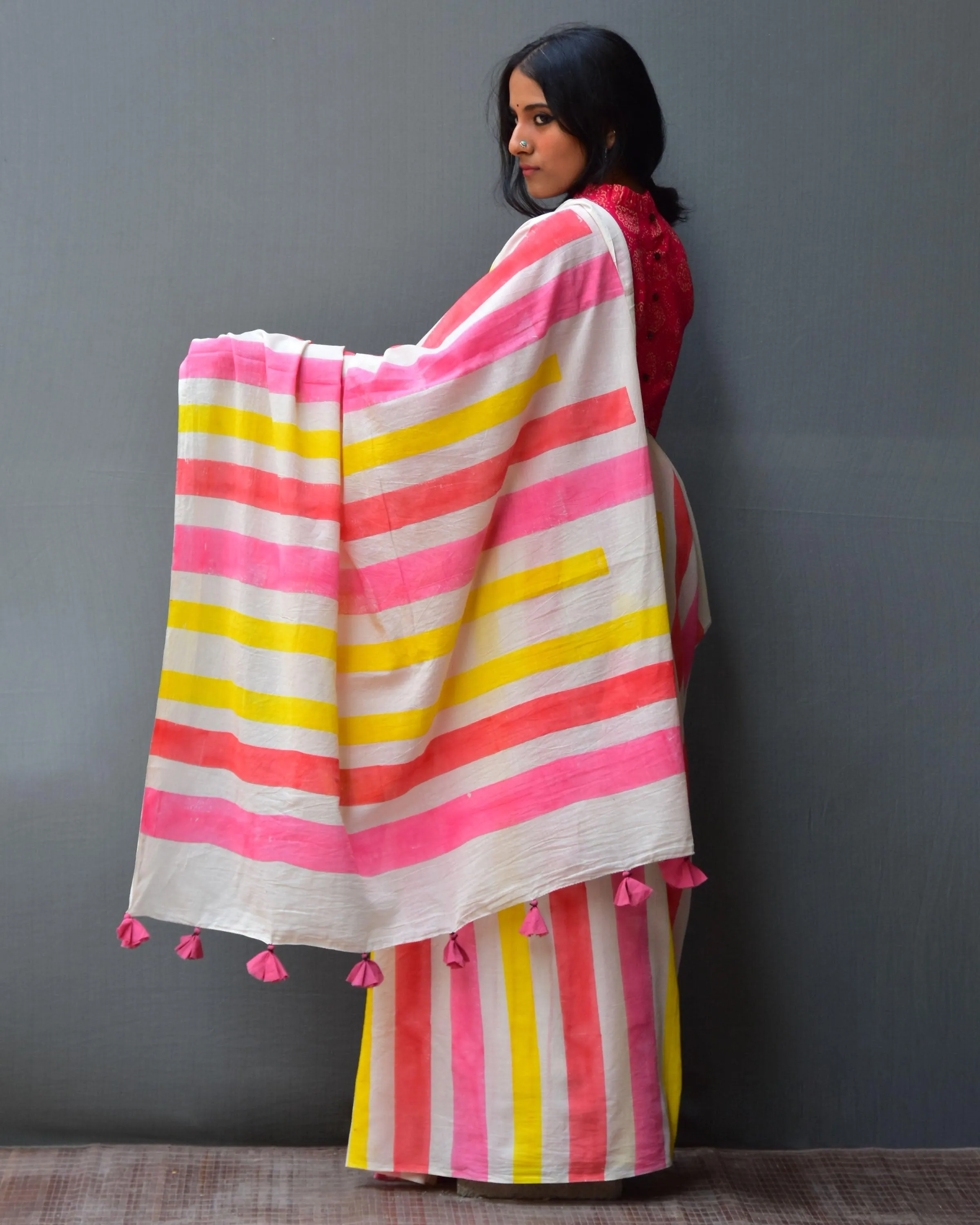 Sweth Handblock Printed Mulmul Cotton Saree