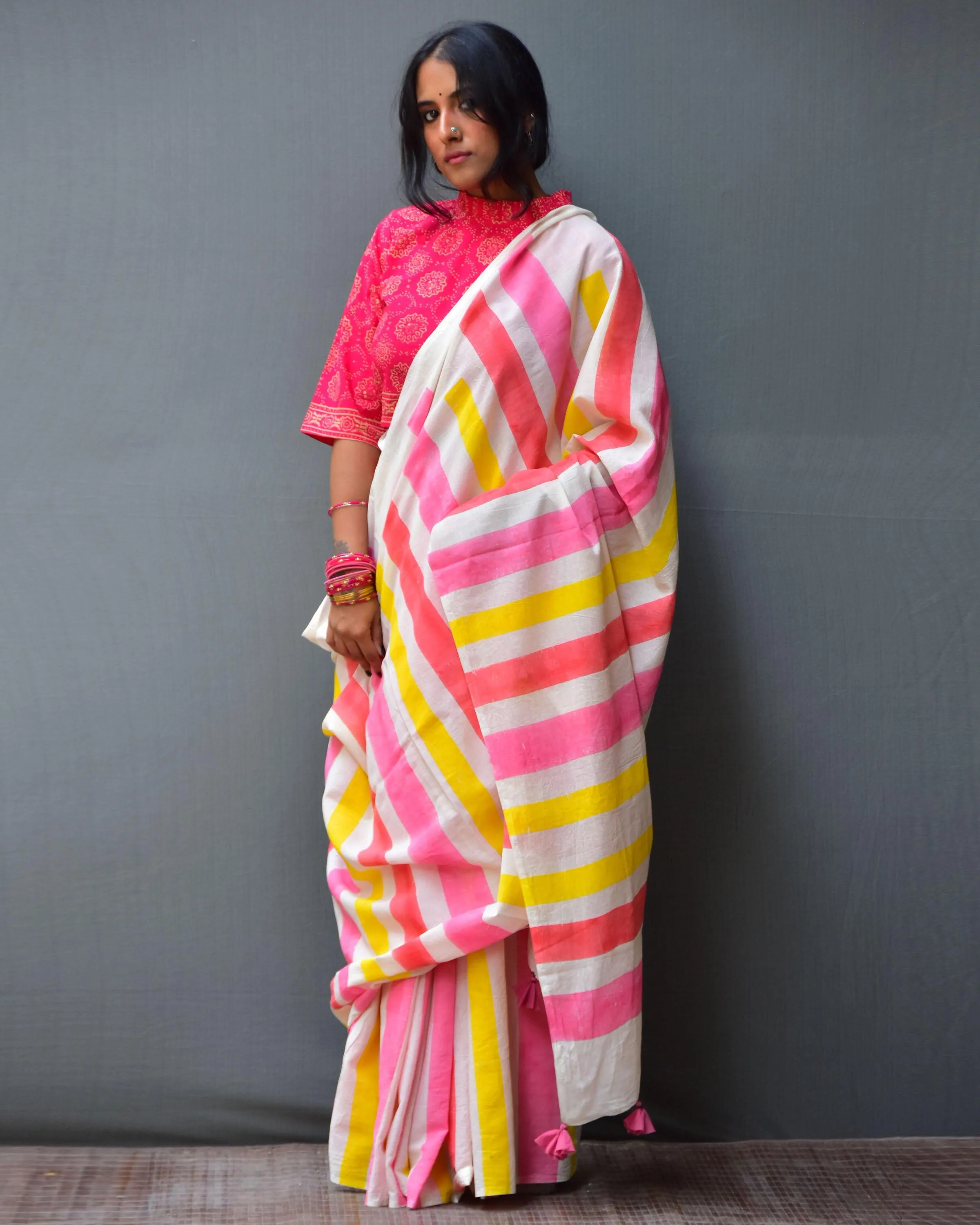 Sweth Handblock Printed Mulmul Cotton Saree