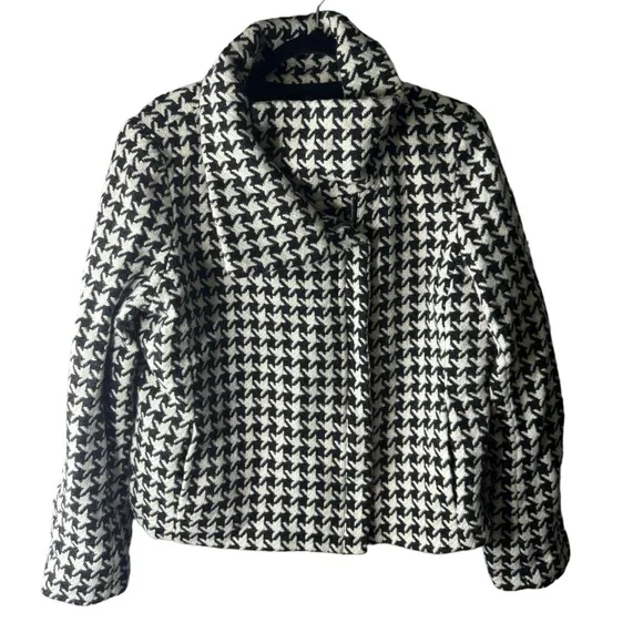 Talbots plus size  Black white houndstooth classic cozy wool zip up coat size 16