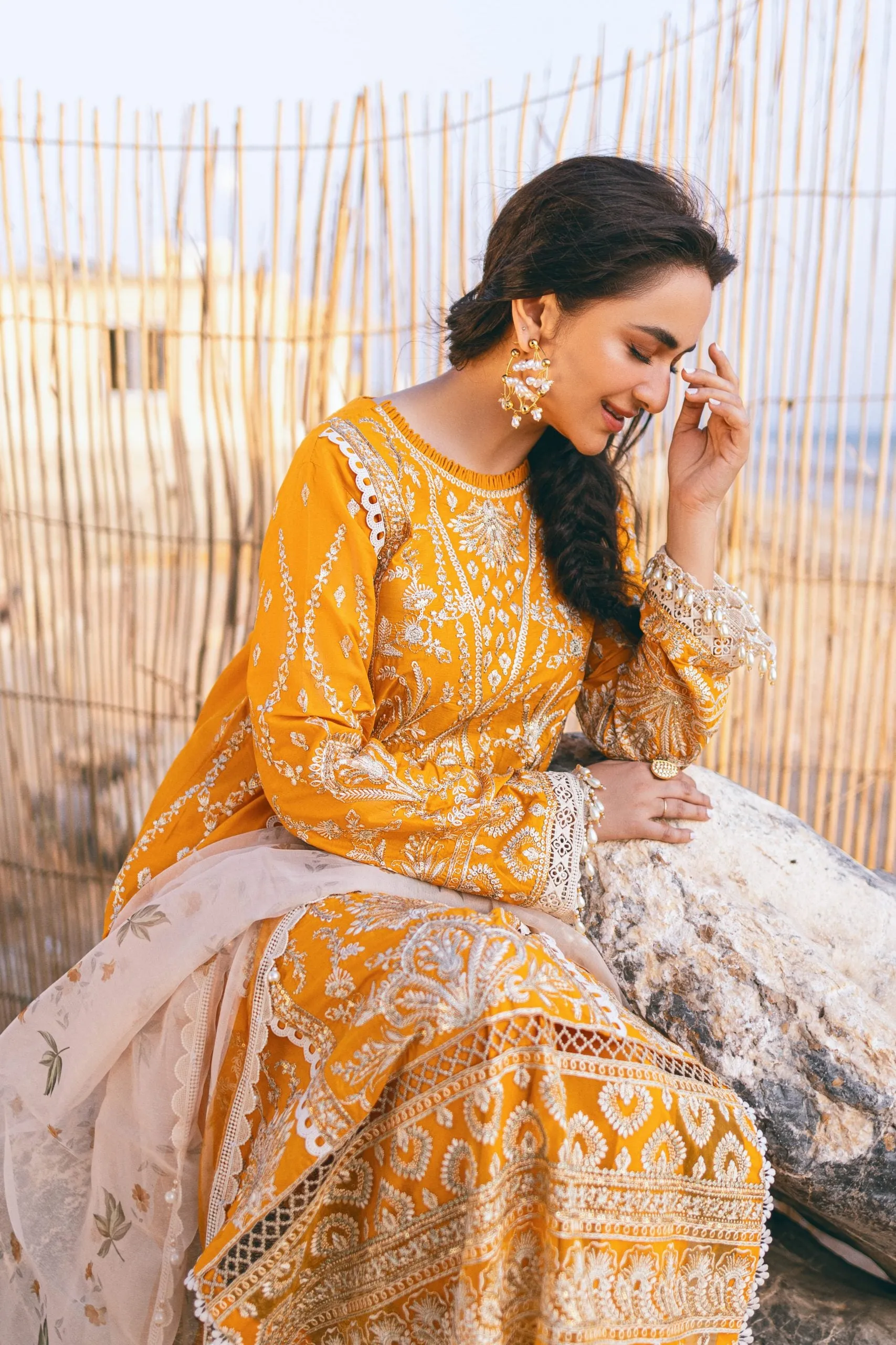 Traditional Mustard Embroidered Pakistani Salwar Kameez Party Dress