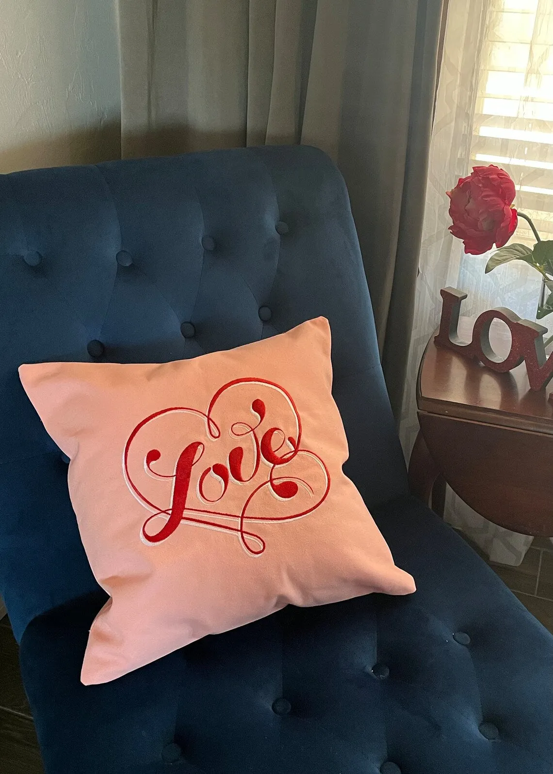 Valentine's Day "Love" Hearts Pillow Cover - Embroidered Modern Farmhouse - Vintage inspired - Home
