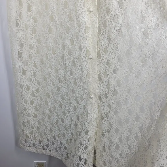 Vintage 70s Komar Cream Lace Duster Robe Dress Button Front Ruffles Small Boho