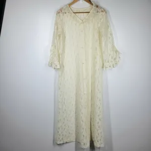 Vintage 70s Komar Cream Lace Duster Robe Dress Button Front Ruffles Small Boho
