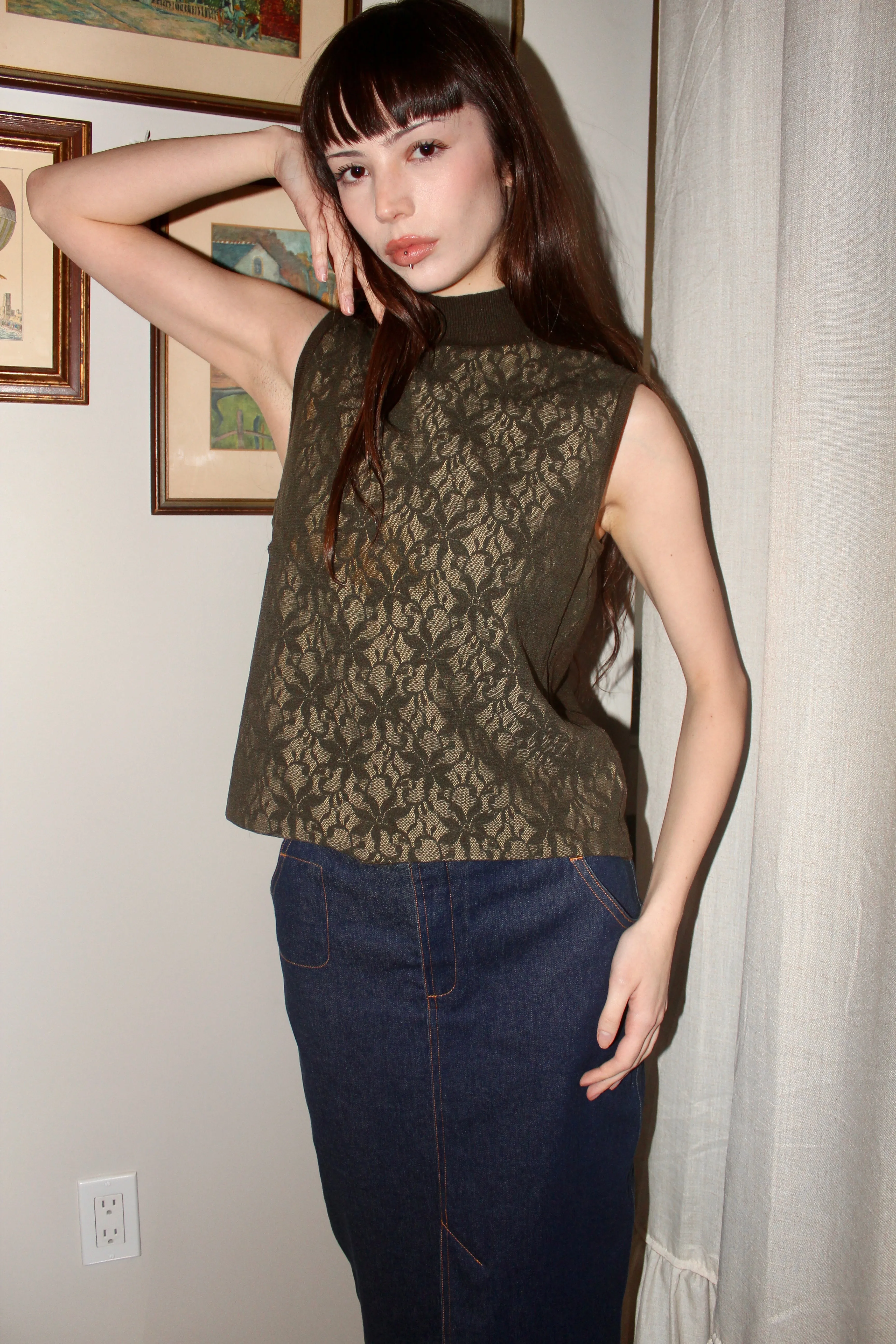 Vintage 90s Green Lace Mock Neck Top (M)