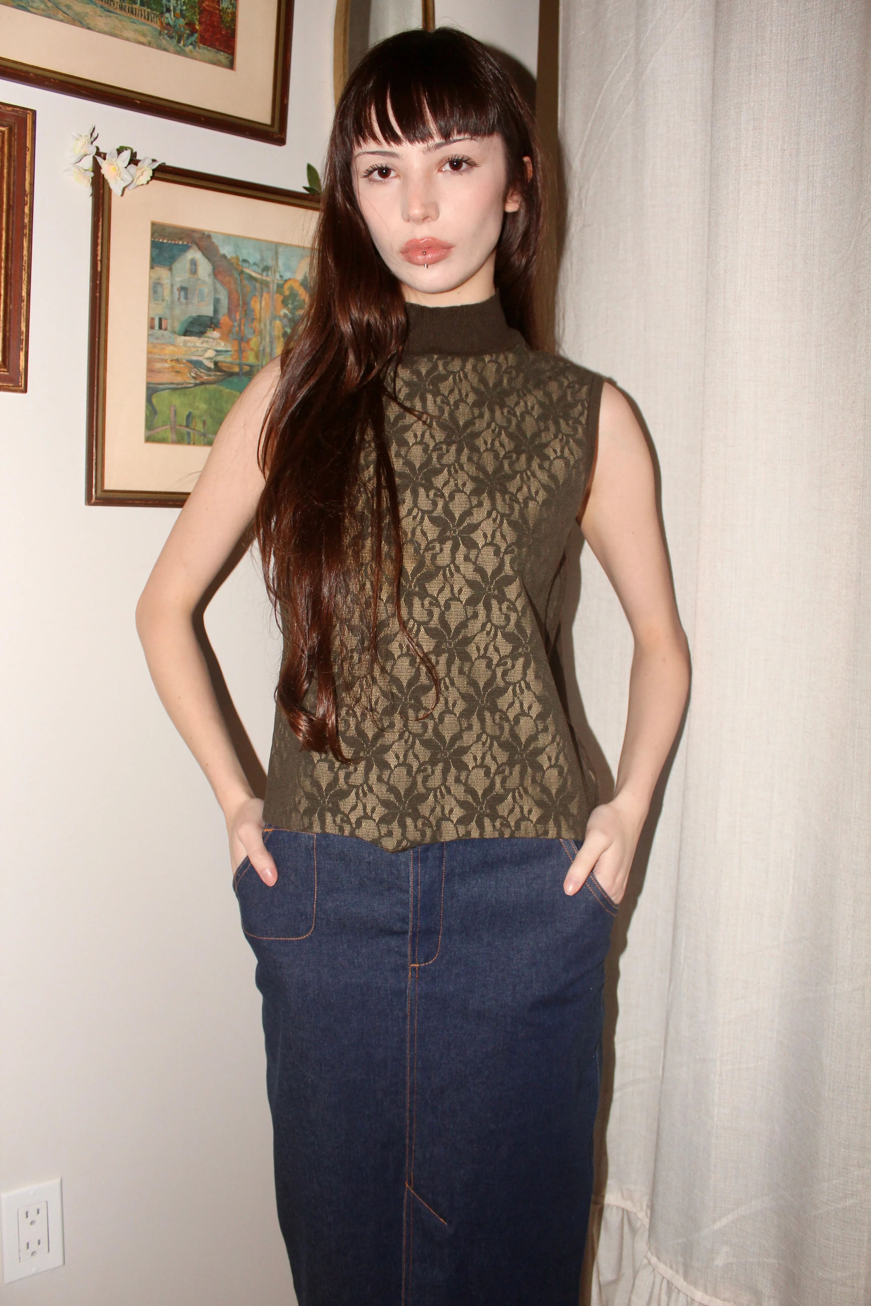 Vintage 90s Green Lace Mock Neck Top (M)