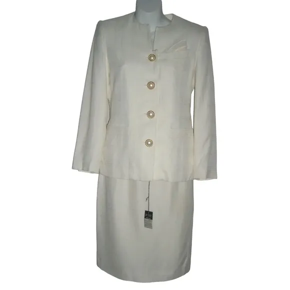 Vintage 90's Petite Sophisticate Suit Plaid Ivory Pearl Buttons Blazer Suit NWT