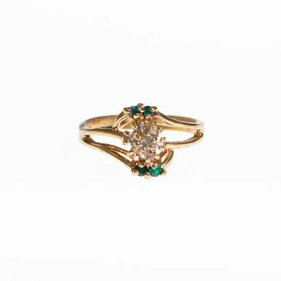 Vintage Emerald and Diamante Crystal Flower Ring