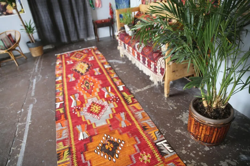 Vintage Kayseri Kilim Runner 3.4ftx12ft