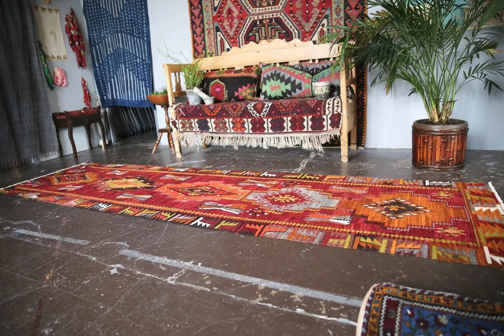 Vintage Kayseri Kilim Runner 3.4ftx12ft