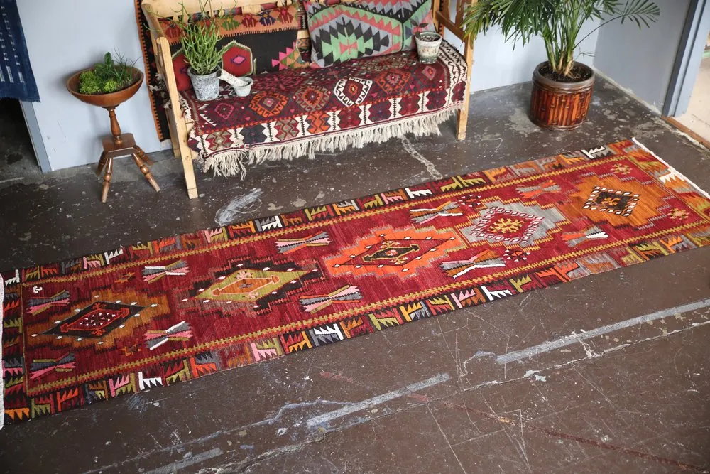 Vintage Kayseri Kilim Runner 3.4ftx12ft