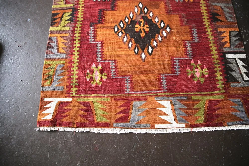 Vintage Kayseri Kilim Runner 3.4ftx12ft