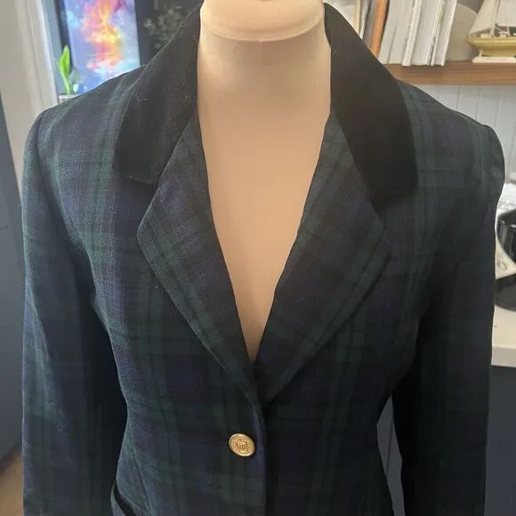Vintage SZ 3/4 Black Watch Plaid Blazer Velvet Brass Dark Academia Schoolgirl