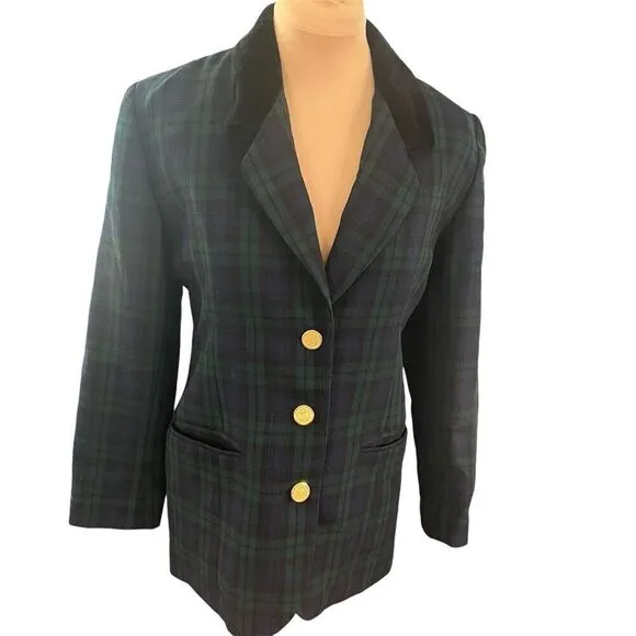 Vintage SZ 3/4 Black Watch Plaid Blazer Velvet Brass Dark Academia Schoolgirl