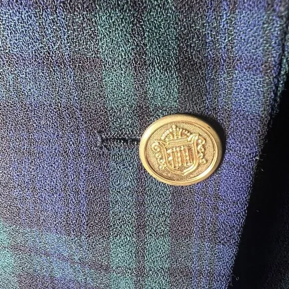 Vintage SZ 3/4 Black Watch Plaid Blazer Velvet Brass Dark Academia Schoolgirl