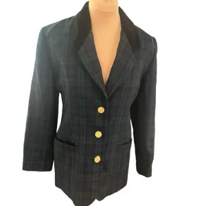 Vintage SZ 3/4 Black Watch Plaid Blazer Velvet Brass Dark Academia Schoolgirl