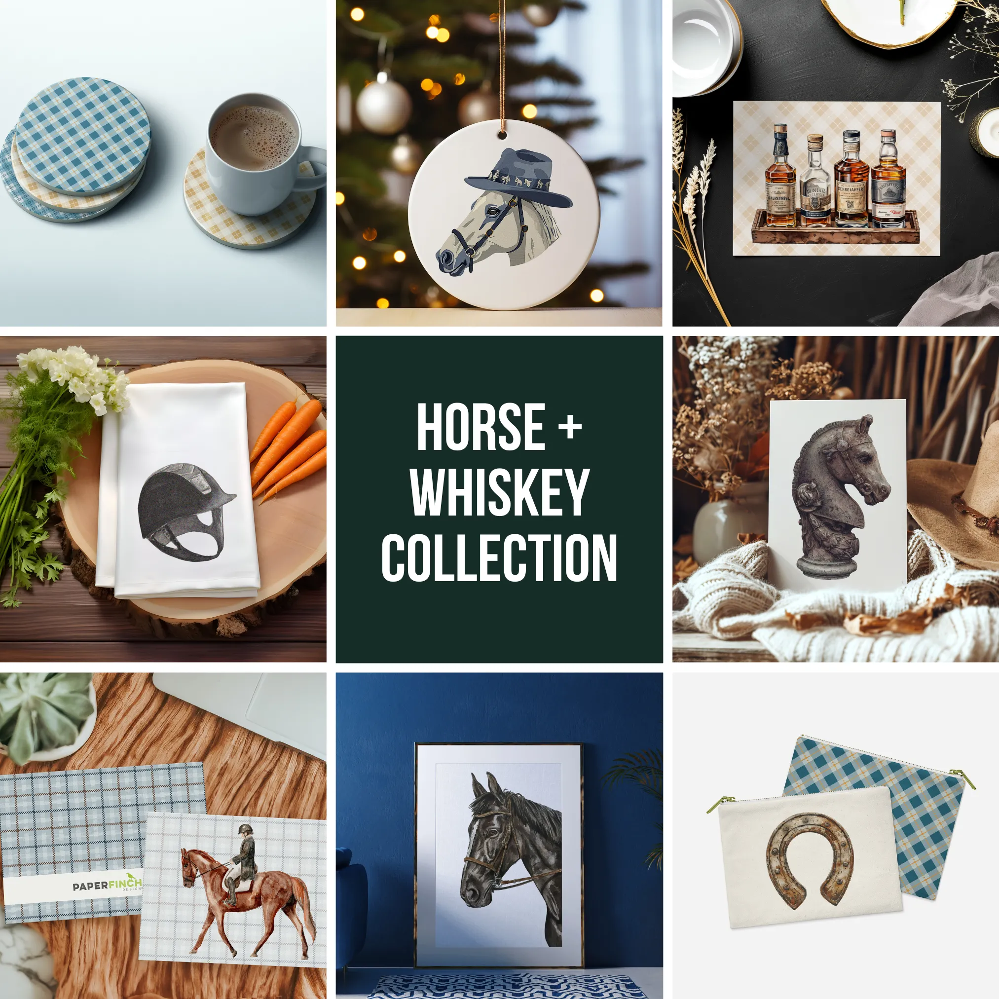 Whiskey Ornament - Charming ceramic holiday decoration, features whiskey bottles on yellow plaid, perfect for festive cheer gifts!