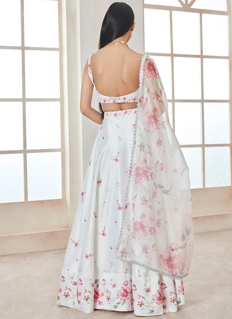 White and Pink Floral Printed Lehenga