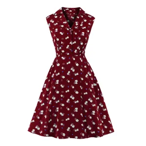 Women Turnover Colloar Floral Retro Dresses