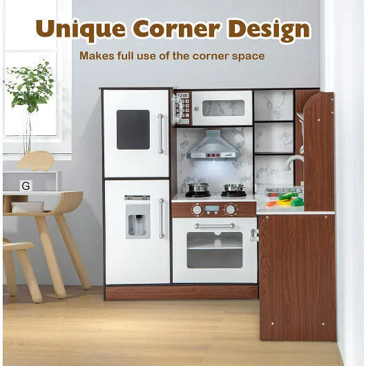 Wooden Corner Play Kitchen with Water Circulation System and Lights-Brown - Colo