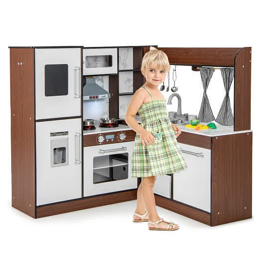 Wooden Corner Play Kitchen with Water Circulation System and Lights-Brown - Colo