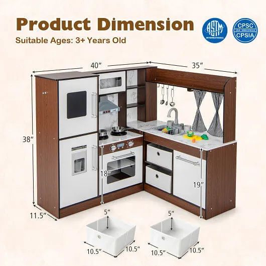 Wooden Corner Play Kitchen with Water Circulation System and Lights-Brown - Colo