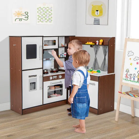 Wooden Corner Play Kitchen with Water Circulation System and Lights-Brown - Colo